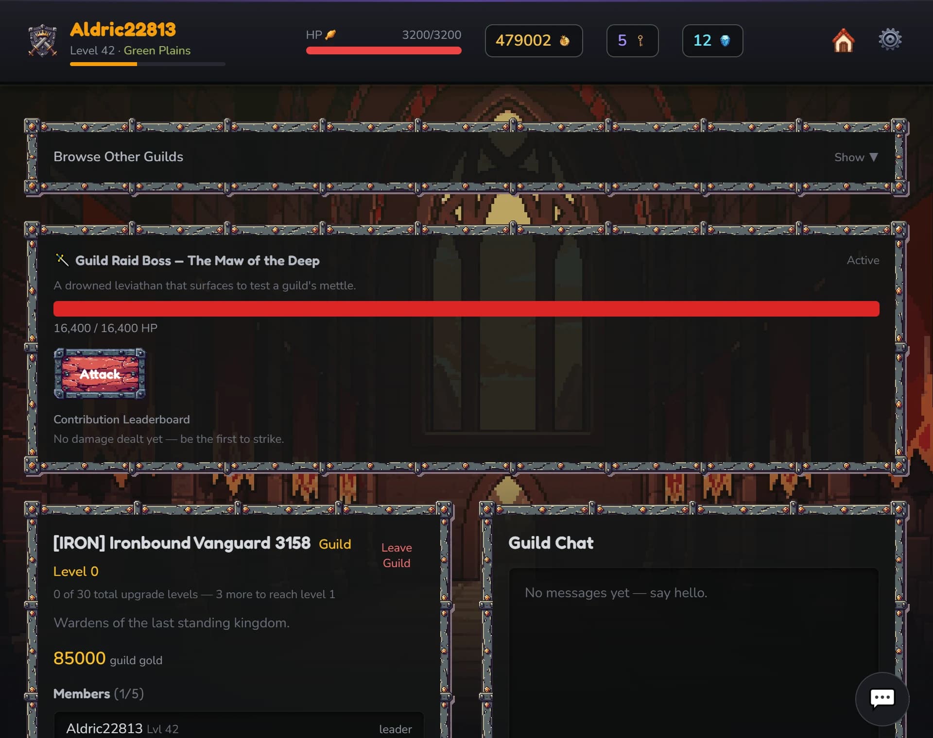 Guild screen with members and raids in Kingdoms of Iron
